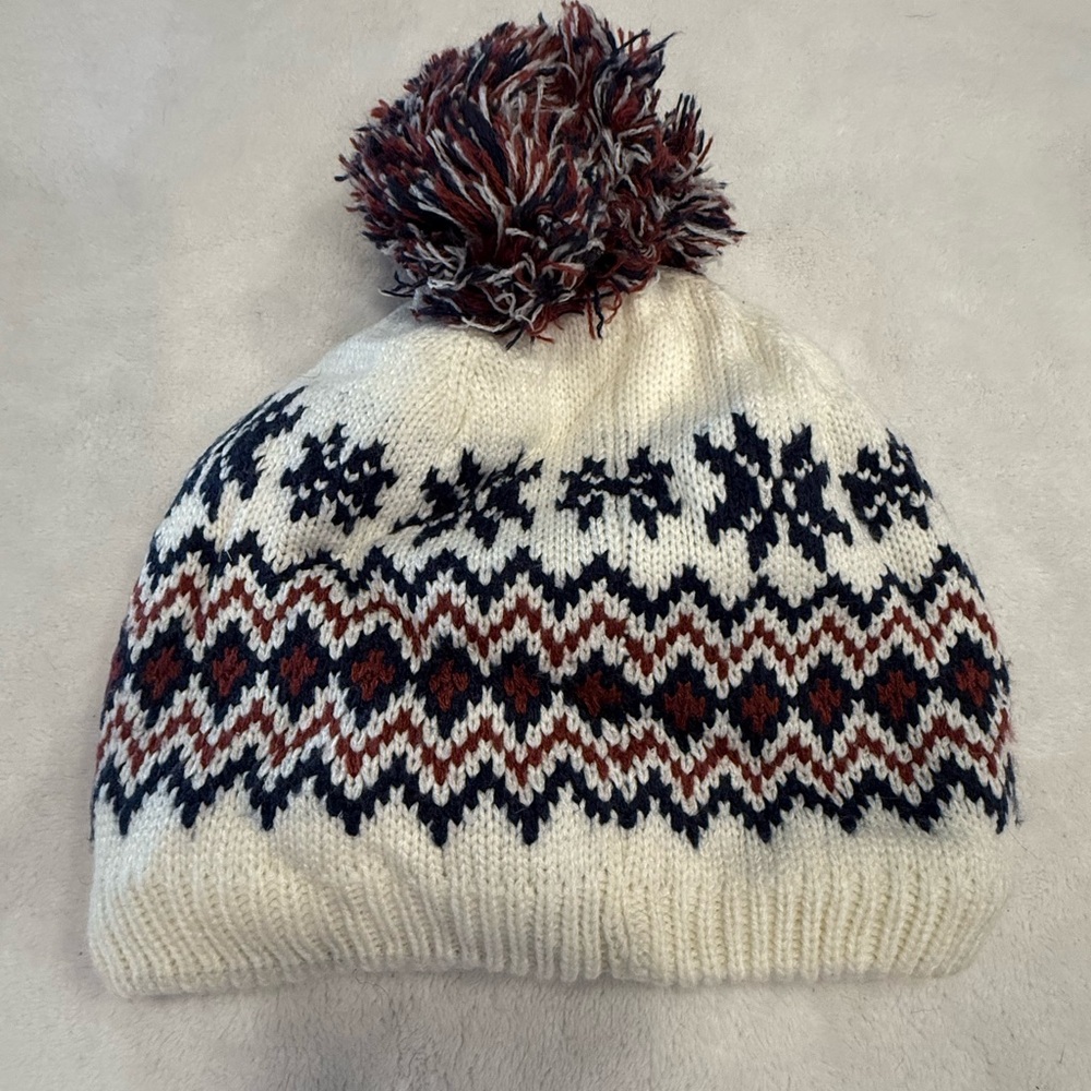 Timberland warm faux fur lined fairisle pom pom beanie cream black burgundy OS